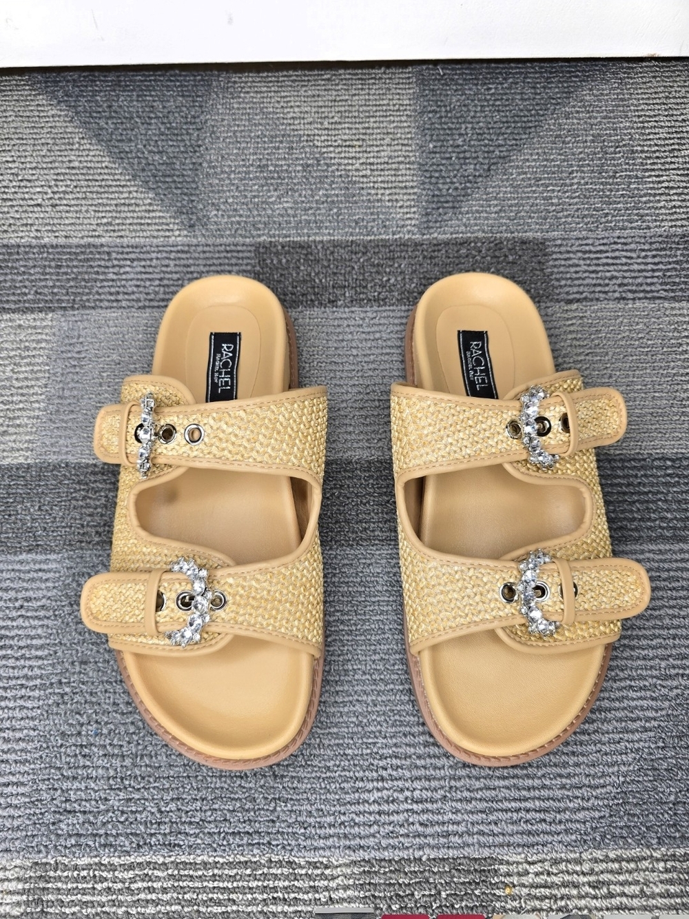 Rachel Roy Matcha Tan Woven Double-Buckle Slide Sandals